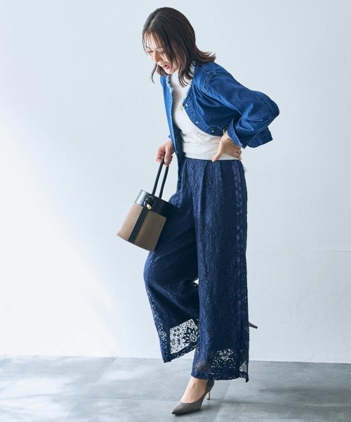 SMILE LAND（スマイルランド）の「総レースパイピングセミワイドパンツ＜大きいサイズ有＞【OtonaSMILE】（その他パンツ・レディース・オフホワイト/ネイビー・3L/LL/L/M/5L/4L）」の3枚目の写真