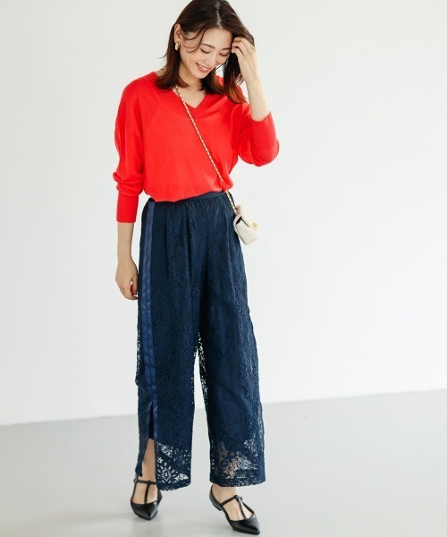 SMILE LAND（スマイルランド）の「総レースパイピングセミワイドパンツ＜大きいサイズ有＞【OtonaSMILE】（その他パンツ・レディース・オフホワイト/ネイビー・3L/LL/L/M/5L/4L）」の7枚目の写真