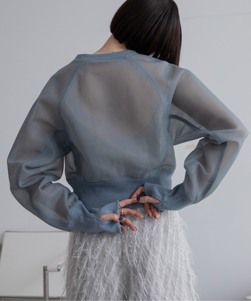 VACANCY(ヴァカンシー)の「ロゴ刺繍ダンボールシアーショート丈トップス(スウェット・レディース・ブルー/ブラック/ホワイト・FREE)」の20枚目の写真
