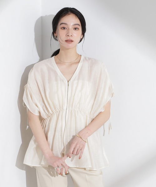 リネン混シアーギャザージップブラウス（シャツ/ブラウス）｜NANO