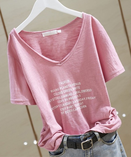 SPIGA(スピーガ)の「深VネックプリントTシャツ(Tシャツ/カットソー・レディース・ピンク/イエロー/ライトピンク/グリーン/ブラック/ホワイト・MEDIUM/LARGE/X-LARGE)」の5枚目の写真