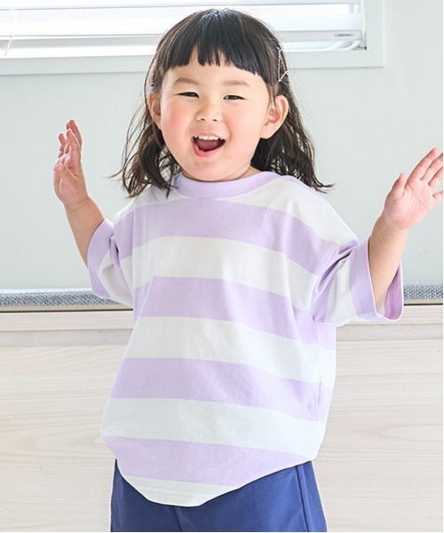 and D. petit main（アンドディープティマイン）の「【365D.】アソートボーダーワイド半T（Tシャツ/カットソー・キッズ・ラベンダー/カラフル/ピンク/ブルー/グリーン/ネイビー/エメラルド/イエロー・100cm/150cm/130cm/110cm/120cm/90cm/140cm）」の5枚目の写真