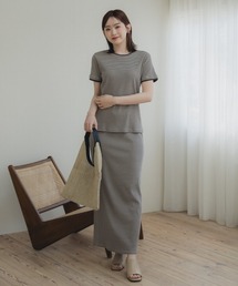 高身長 リブボーダーセットアップ(Tシャツ+スカート)(トールサイズ)Essenave