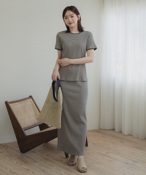 Tシャツ カットソー トールサイズ レディース 高身長 リブボーダー セットアップ ＋ スカート Essenave 夏 M/L ニッセン nissen セール】高身長 リブボーダーセットアップ（Tシャツ＋スカート