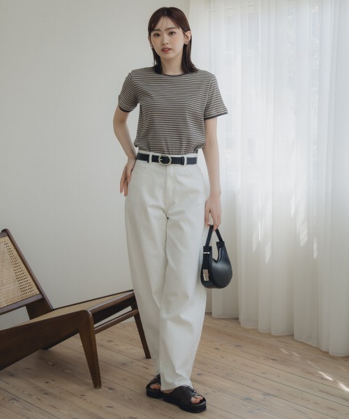 Tシャツ カットソー トールサイズ レディース 高身長 リブボーダー セットアップ ＋ スカート Essenave 夏 M/L ニッセン nissen セール】高身長 リブボーダーセットアップ（Tシャツ＋スカート