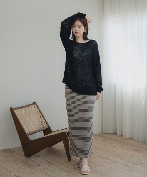 slattgir（スラットジール）の「高身長　リブボーダーセットアップ（Ｔシャツ＋スカート）（トールサイズ）Essenave（Tシャツ/カットソー・レディース・グレー系/ネイビー系・L/LL/3L/4L/5L/M）」の21枚目の写真