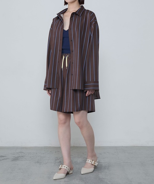 Striped oversized shirt & shorts set rash guard / <UV/速乾