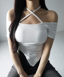 ※※【 3color 】クロスネックアシメギャザーオフショルTシャツ / cross neck asymmetry gather off shoulder T-shirt
