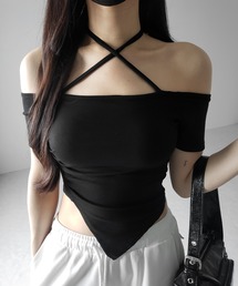 ※※【 3color 】クロスネックアシメギャザーオフショルTシャツ / cross neck asymmetry gather off shoulder T-shirt