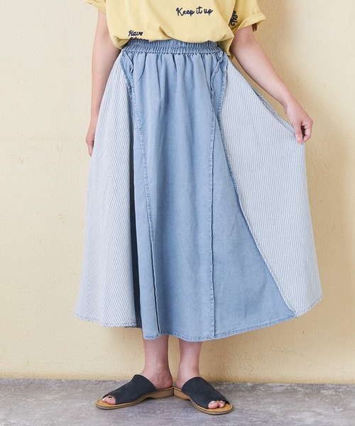 CUBE SUGAR（キューブシュガー）の「デニム×ヒッコリー切替スカート（デニムスカート・レディース・インディゴブルー/ライトブルー・M）」の2枚目の写真