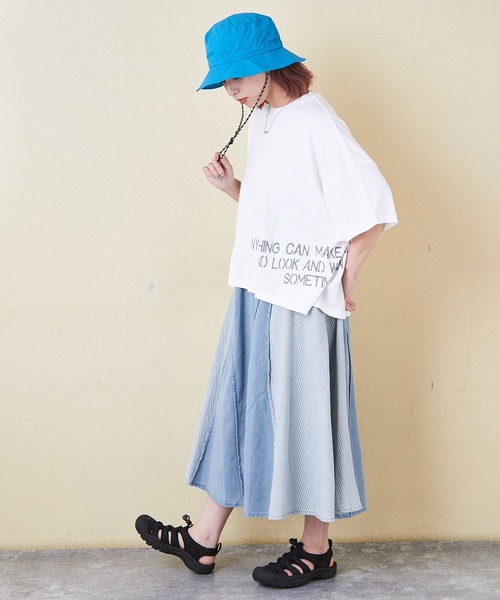 CUBE SUGAR（キューブシュガー）の「デニム×ヒッコリー切替スカート（デニムスカート・レディース・インディゴブルー/ライトブルー・M）」の19枚目の写真