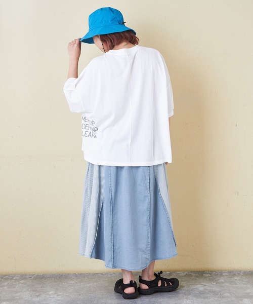 CUBE SUGAR（キューブシュガー）の「デニム×ヒッコリー切替スカート（デニムスカート・レディース・インディゴブルー/ライトブルー・M）」の20枚目の写真