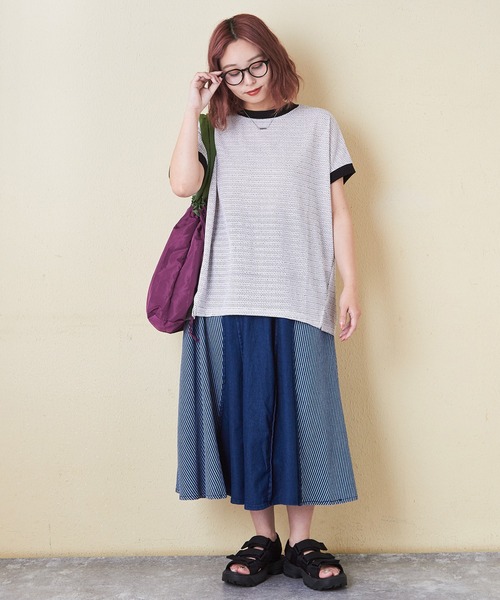 CUBE SUGAR（キューブシュガー）の「デニム×ヒッコリー切替スカート（デニムスカート・レディース・インディゴブルー/ライトブルー・M）」の9枚目の写真