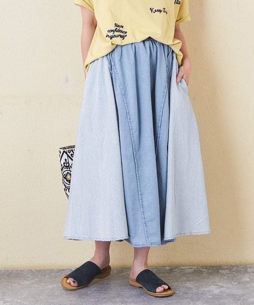 CUBE SUGAR（キューブシュガー）の「デニム×ヒッコリー切替スカート（デニムスカート・レディース・インディゴブルー/ライトブルー・M）」の11枚目の写真
