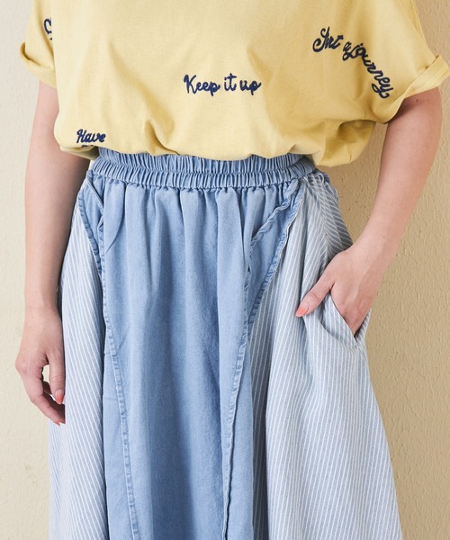 CUBE SUGAR（キューブシュガー）の「デニム×ヒッコリー切替スカート（デニムスカート・レディース・インディゴブルー/ライトブルー・M）」の13枚目の写真