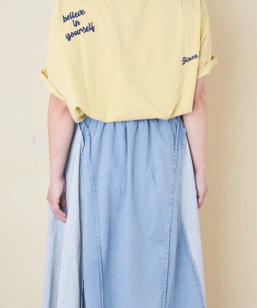 CUBE SUGAR（キューブシュガー）の「デニム×ヒッコリー切替スカート（デニムスカート・レディース・インディゴブルー/ライトブルー・M）」の17枚目の写真