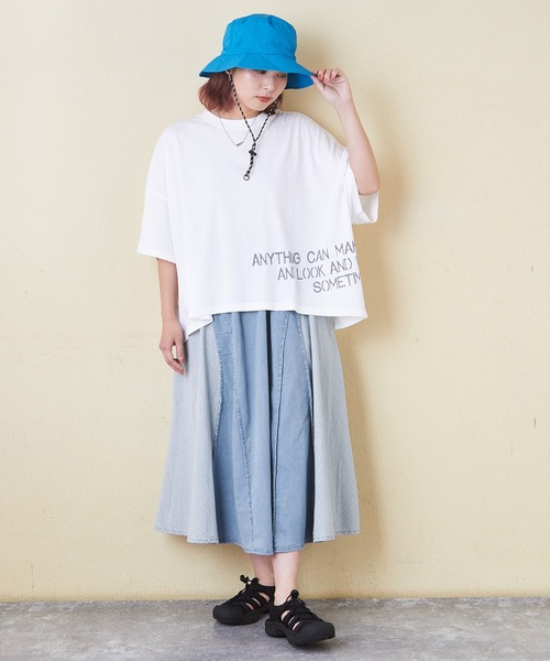 CUBE SUGAR（キューブシュガー）の「デニム×ヒッコリー切替スカート（デニムスカート・レディース・インディゴブルー/ライトブルー・M）」の18枚目の写真