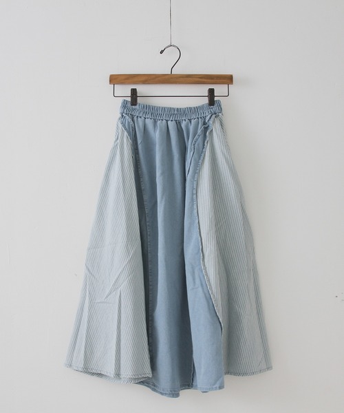 CUBE SUGAR（キューブシュガー）の「デニム×ヒッコリー切替スカート（デニムスカート・レディース・インディゴブルー/ライトブルー・M）」の15枚目の写真