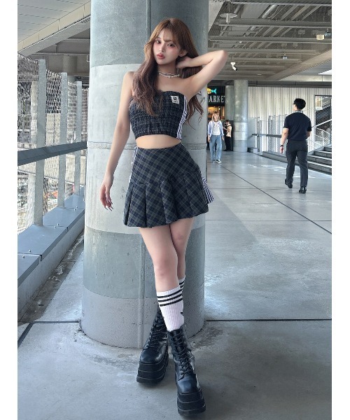 Darich リメイクチェックトップス ビスチェ ベアトップ キャミ ピンク Darich リメイクチェックトップス ビスチェ ベアトップ キャミ