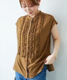 《手洗い可能》シルキーローンフロントフリルフレンチブラウス