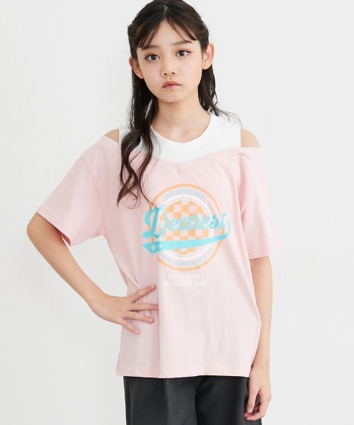 セール】肩開き衿切替デザインプリントTシャツ（女の子）（T
