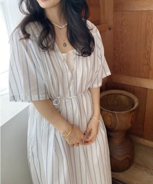 Aelina(エリナ)の「ストライプ柄Vネック半袖リボン付きワンピース(ワンピース・レディース・ホワイト/イエロー/ブルー・F)」の12枚目の写真