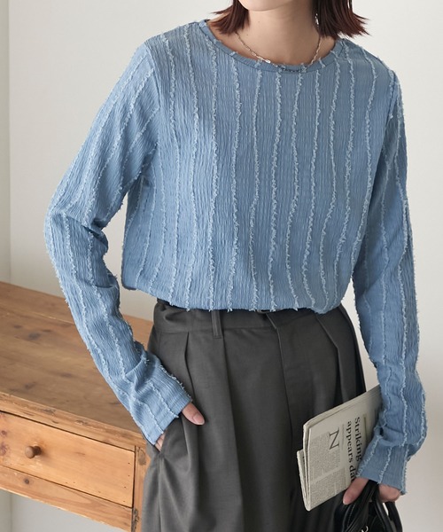 BONLECILL(ボンルシール)の「フリンジウェーブジャガードロンT(Tシャツ/カットソー・レディース・ブルー/モカ/ピンク/ブラック/アイボリー・FREE)」の15枚目の写真
