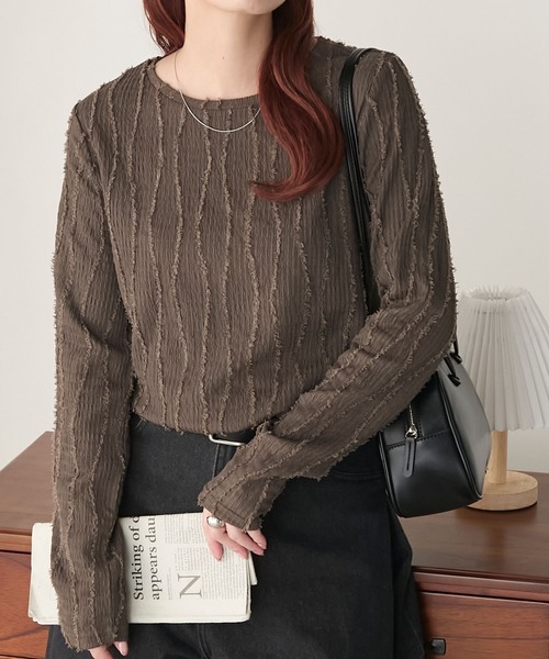BONLECILL(ボンルシール)の「フリンジウェーブジャガードロンT(Tシャツ/カットソー・レディース・ブルー/モカ/ピンク/ブラック/アイボリー・FREE)」の8枚目の写真