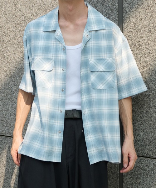 Perushu（ペルーシュ）の「オープンカラーレトロチェックスナップボタンシャツ（シャツ/ブラウス・メンズ・ブラウン/ネイビー/ブルー/グレー・MEDIUM/LARGE）」の4枚目の写真