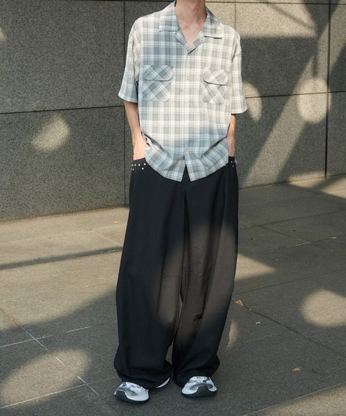 Perushu（ペルーシュ）の「オープンカラーレトロチェックスナップボタンシャツ（シャツ/ブラウス・メンズ・ブラウン/ネイビー/ブルー/グレー・MEDIUM/LARGE）」の12枚目の写真