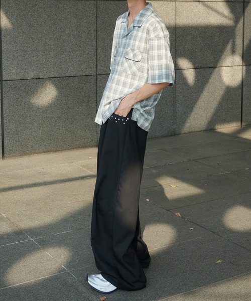 Perushu（ペルーシュ）の「オープンカラーレトロチェックスナップボタンシャツ（シャツ/ブラウス・メンズ・ブラウン/ネイビー/ブルー/グレー・MEDIUM/LARGE）」の13枚目の写真