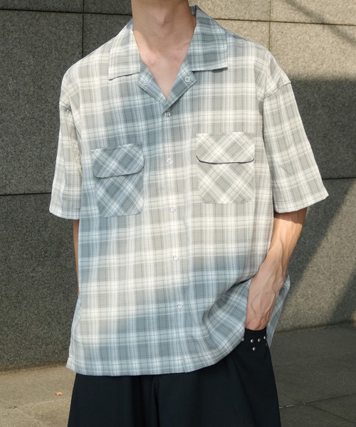 Perushu（ペルーシュ）の「オープンカラーレトロチェックスナップボタンシャツ（シャツ/ブラウス・メンズ・ブラウン/ネイビー/ブルー/グレー・MEDIUM/LARGE）」の5枚目の写真