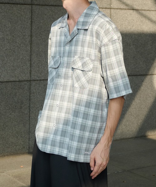 Perushu（ペルーシュ）の「オープンカラーレトロチェックスナップボタンシャツ（シャツ/ブラウス・メンズ・ブラウン/ネイビー/ブルー/グレー・MEDIUM/LARGE）」の7枚目の写真