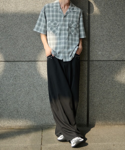 Perushu（ペルーシュ）の「オープンカラーレトロチェックスナップボタンシャツ（シャツ/ブラウス・メンズ・ブラウン/ネイビー/ブルー/グレー・MEDIUM/LARGE）」の9枚目の写真