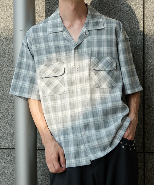 Perushu（ペルーシュ）の「オープンカラーレトロチェックスナップボタンシャツ（シャツ/ブラウス・メンズ・ブラウン/ネイビー/ブルー/グレー・MEDIUM/LARGE）」の6枚目の写真