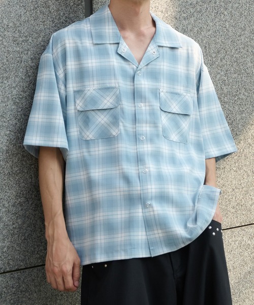 Perushu（ペルーシュ）の「オープンカラーレトロチェックスナップボタンシャツ（シャツ/ブラウス・メンズ・ブラウン/ネイビー/ブルー/グレー・MEDIUM/LARGE）」の21枚目の写真