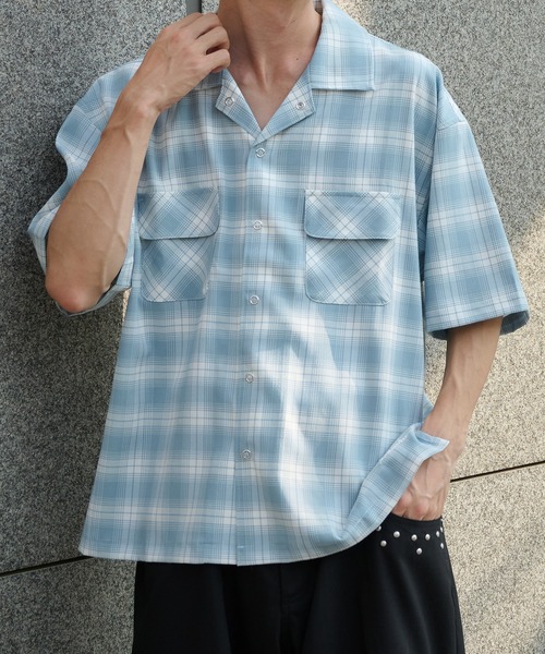 Perushu（ペルーシュ）の「オープンカラーレトロチェックスナップボタンシャツ（シャツ/ブラウス・メンズ・ブラウン/ネイビー/ブルー/グレー・MEDIUM/LARGE）」の19枚目の写真