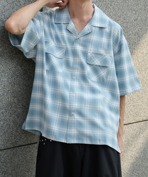 Perushu（ペルーシュ）の「オープンカラーレトロチェックスナップボタンシャツ（シャツ/ブラウス・メンズ・ブラウン/ネイビー/ブルー/グレー・MEDIUM/LARGE）」の20枚目の写真