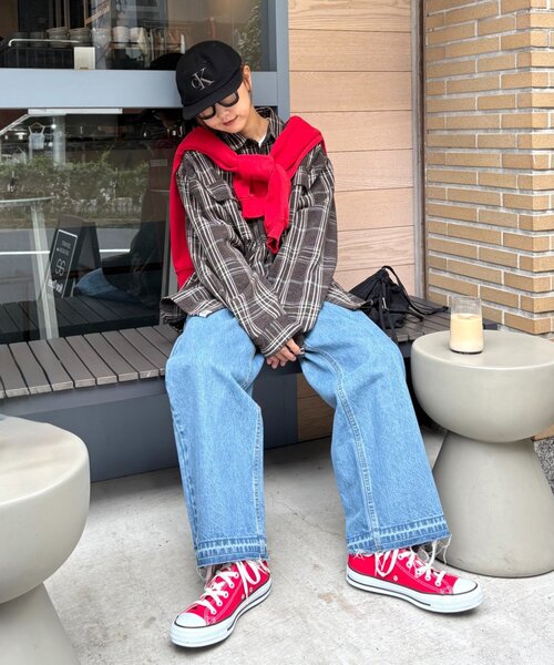 CIAOPANIC TYPY（チャオパニックティピー）の「【コーデュロイ袖切り替え】【ユニセックス】モールチェックシャツジャケット（シャツ/ブラウス・レディース・チャコールグレー/ブラウン/グリーン/サックスブルー/ベージュ・LARGE/MEDIUM）」の10枚目の写真