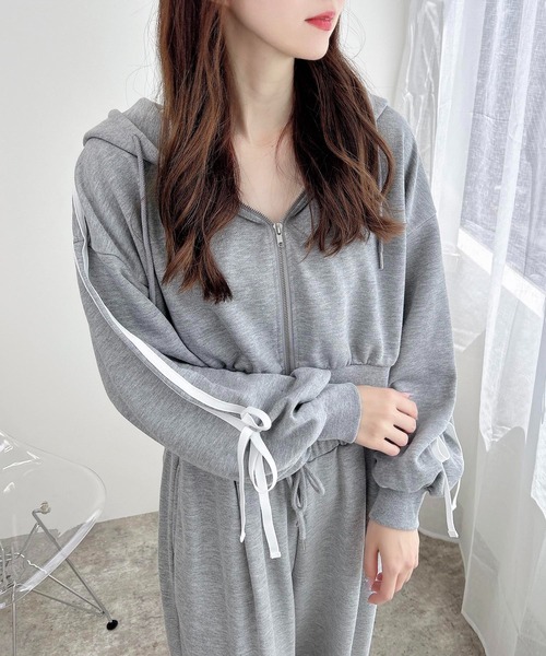 袖リボンショートスウェットジップパーカー(セットアップ対応