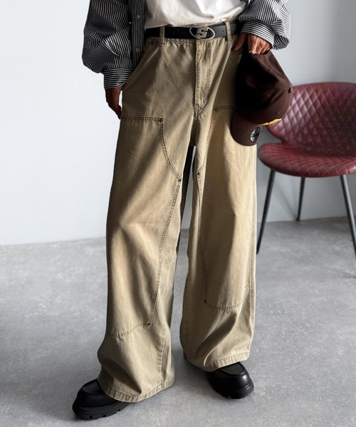 セール】綿100％ダック素材ダブルニーデザインパンツ／Duck Fabric