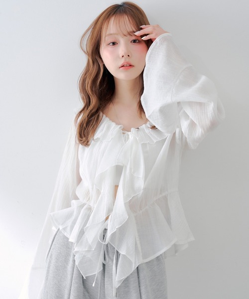 continuer de NICE CLAUP（コンティニューデナイスクラップ）の「【@_chipi2xセレクト】【WEB限定】楊柳シアーラッフルブラウス（シャツ/ブラウス・レディース・アイボリー/ブラック/オフホワイト/ピンク/サックスブルー・FREE）」の2枚目の写真