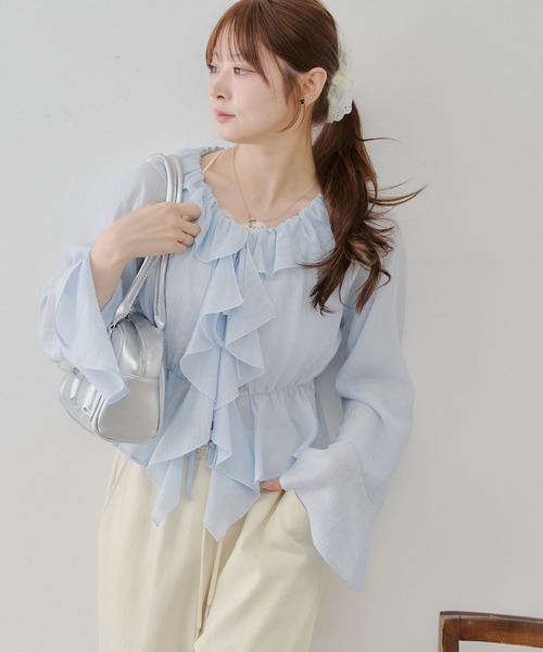 continuer de NICE CLAUP（コンティニューデナイスクラップ）の「【@_chipi2xセレクト】【WEB限定】楊柳シアーラッフルブラウス（シャツ/ブラウス・レディース・アイボリー/ブラック/オフホワイト/ピンク/サックスブルー・FREE）」の6枚目の写真