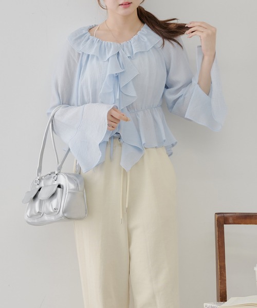 continuer de NICE CLAUP（コンティニューデナイスクラップ）の「【@_chipi2xセレクト】【WEB限定】楊柳シアーラッフルブラウス（シャツ/ブラウス・レディース・アイボリー/ブラック/オフホワイト/ピンク/サックスブルー・FREE）」の7枚目の写真