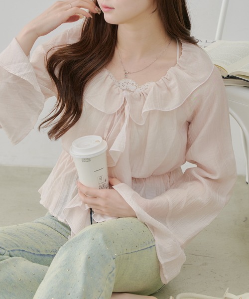 continuer de NICE CLAUP（コンティニューデナイスクラップ）の「【@_chipi2xセレクト】【WEB限定】楊柳シアーラッフルブラウス（シャツ/ブラウス・レディース・アイボリー/ブラック/オフホワイト/ピンク/サックスブルー・FREE）」の11枚目の写真