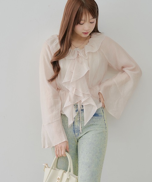 continuer de NICE CLAUP（コンティニューデナイスクラップ）の「【@_chipi2xセレクト】【WEB限定】楊柳シアーラッフルブラウス（シャツ/ブラウス・レディース・アイボリー/ブラック/オフホワイト/ピンク/サックスブルー・FREE）」の13枚目の写真