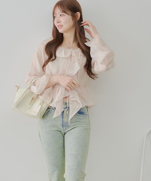 continuer de NICE CLAUP（コンティニューデナイスクラップ）の「【@_chipi2xセレクト】【WEB限定】楊柳シアーラッフルブラウス（シャツ/ブラウス・レディース・アイボリー/ブラック/オフホワイト/ピンク/サックスブルー・FREE）」の14枚目の写真