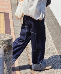 〈マシンウォッシャブル〉ビッグポケットデザイン ターンバック ワイドストレートデニムパンツ【THE CRAFT CREW PRODUCTS】ネイビー