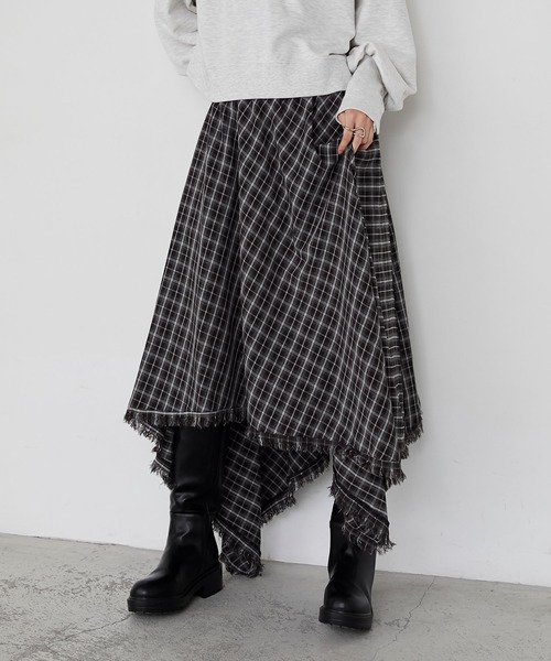 forksy.】アシンメトリーバイアスチェックフリンジスカート forksy