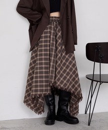 【forksy.】アシンメトリーバイアスチェックフリンジスカート